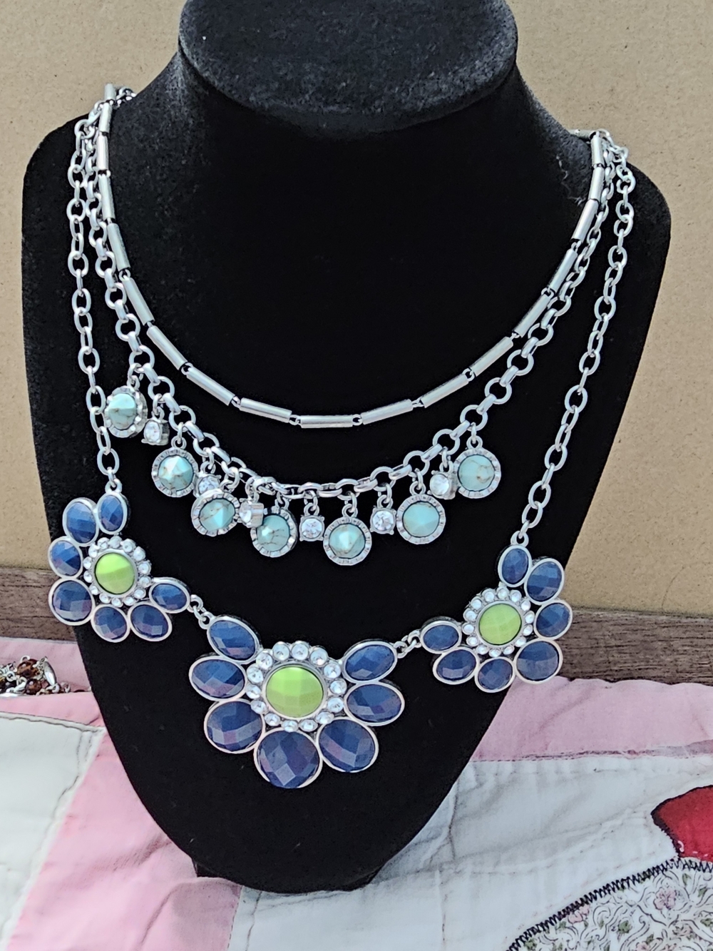 Adornable.u Multi-Strand Statement Necklace Navy Blue Lime Floral Turquoise Drop